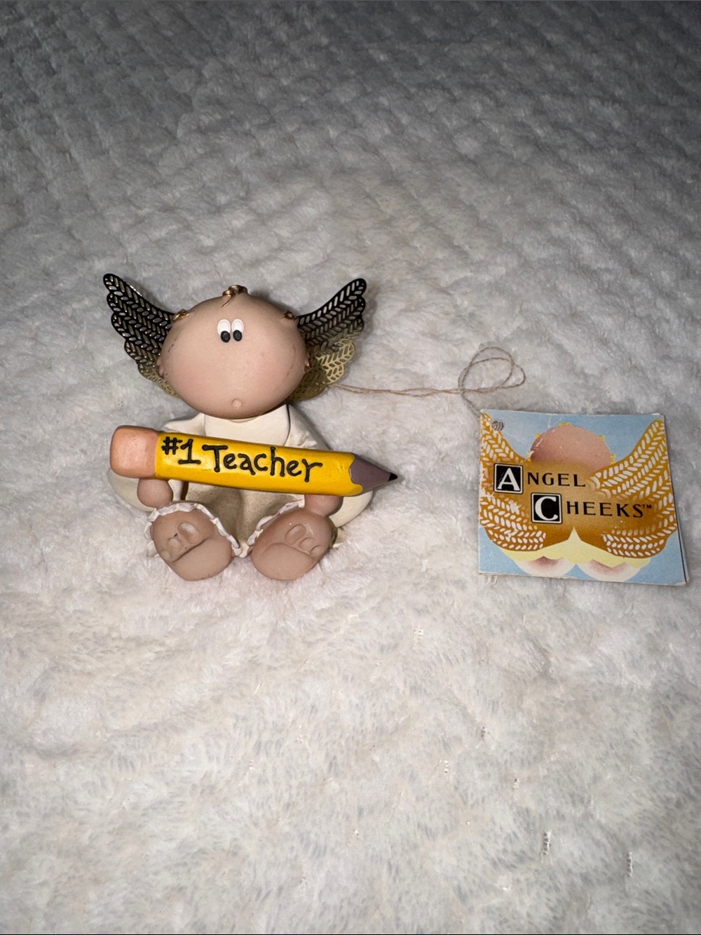 👼 Russ Berrie Angel Cheeks “#1 Teacher” Ornament – Vintage 2001 Teacher Gift